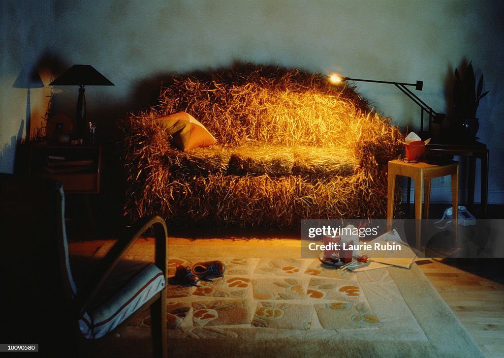 COUCH MADE OF STRAW IN LIVING ROOM