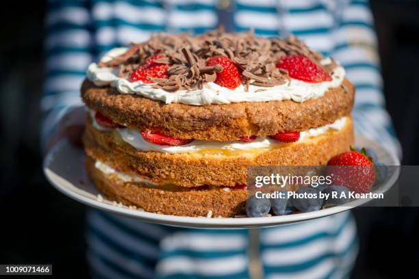 homemade strawberry cream cake - sponge cake stock pictures, royalty-free photos & images