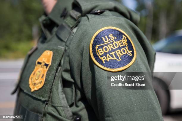 Patch on the uniform of a U.S. Border Patrol agent at a highway checkpoint on August 1, 2018 in West Enfield, Maine. The checkpoint took place...