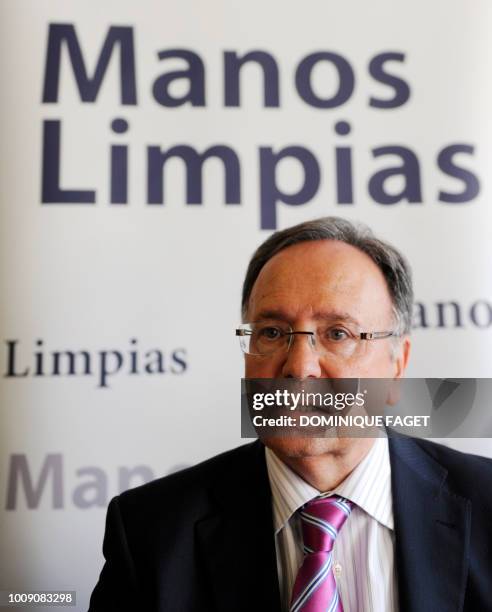 Miguel Bernad, Secretary General of the Union of Officials "Manos Limpias" delivers a press conference in Madrid on April 7 after the Spanish judge...