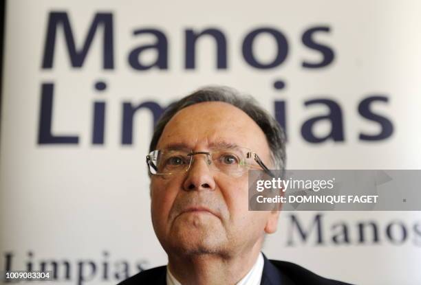 Miguel Bernad, Secretary General of the Union of Officials "Manos Limpias" delivers a press conference in Madrid on April 7 after the Spanish judge...