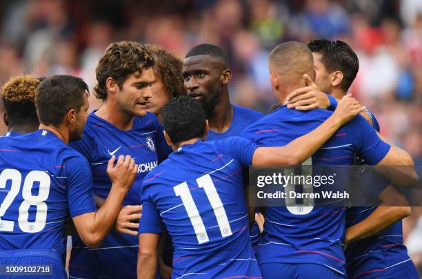 Antonio Rudiger of Chelsea celebrates after scoring his team's first goal with team mates during the International Champions Cup 2018 match between...