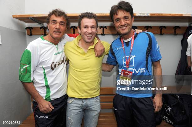 Antonio Cassano, Massimo Giletti and Giulio Base attend the XIX Partita Del Cuore charity football game at on May 25, 2010 in Modena, Italy.