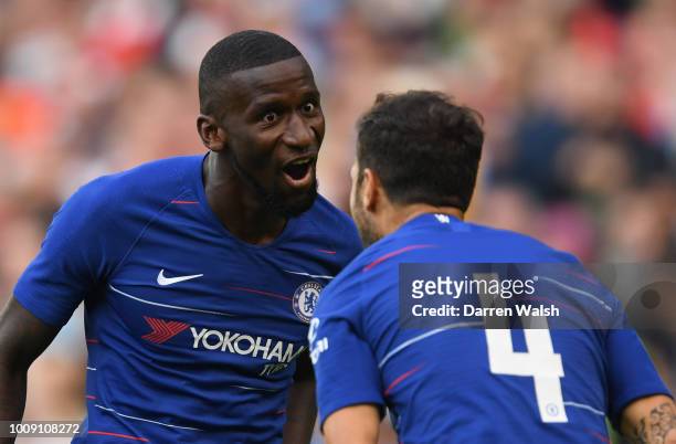 Antonio Rudiger of Chelsea celebrates after scoring his team's first goal with team mate Cesc Fabregas of Chelsea during the International Champions...