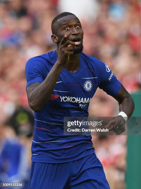 Antonio Rudiger of Chelsea celebrates after scoring his team's first goal during the International Champions Cup 2018 match between Arsenal and...