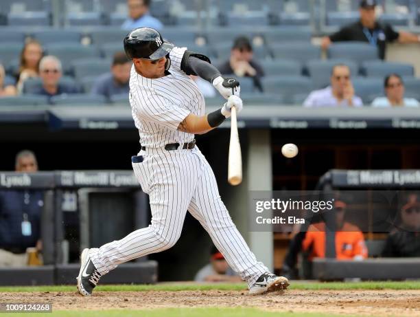 Gleyber Torres of the New York Yankees hits a 3 run home run in the bottom of the ninth inning against the Baltimore Orioles at Yankee Stadium on...