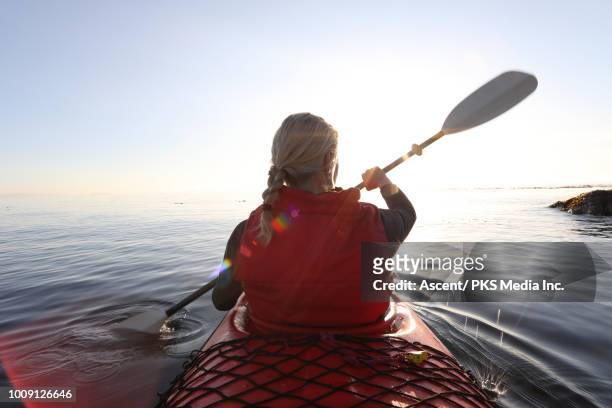 woman paddles kayak on calm sea, towards sunrise - kayak stock pictures, royalty-free photos & images