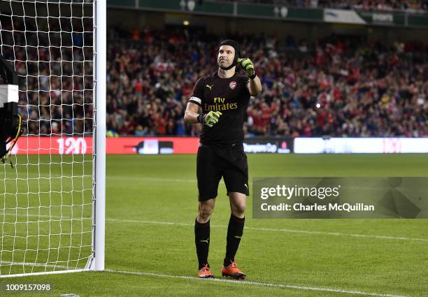 Petr Cech of Arsenal reacts after saving a penalty during the Pre-season friendly International Champions Cup game between Arsenal and Chelsea at...