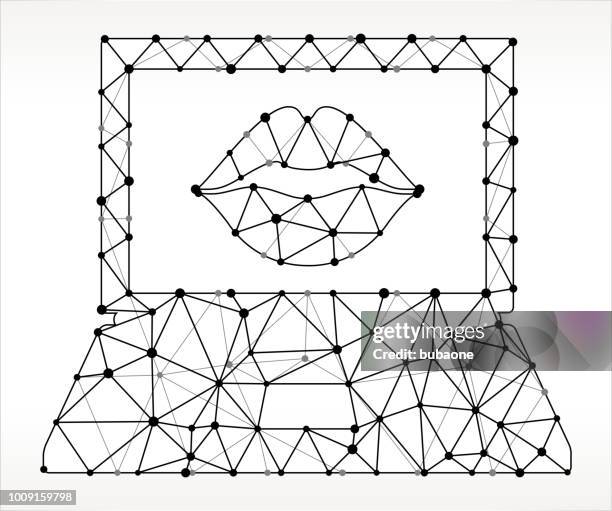 laptop screen and lips triangle node black and white pattern - couple looking at computer stock illustrations