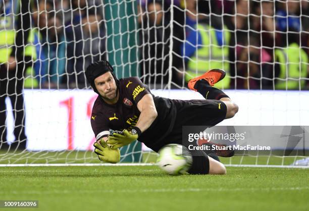 Arsenal goalkeeper Petr Cech saves a peanlty in the shoot out during the Pre-season friendly between Arsenal and Chelsea on August 1, 2018 in Dublin,...