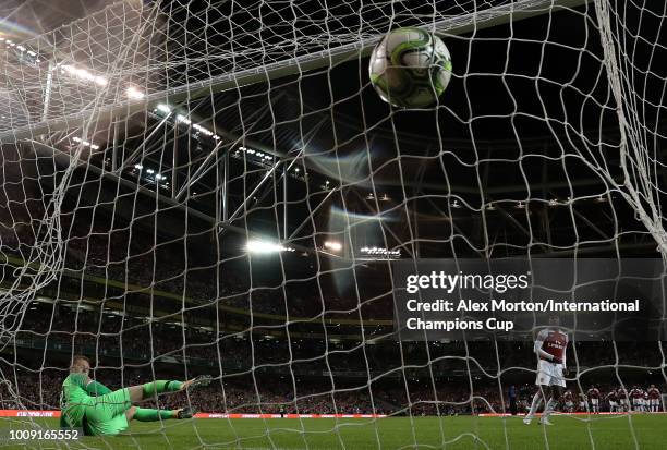 Reiss Nelson of Arsenal scores from the penalty spot during the International Champions Cup 2018 match between Arsenal and Chelsea at the Aviva...