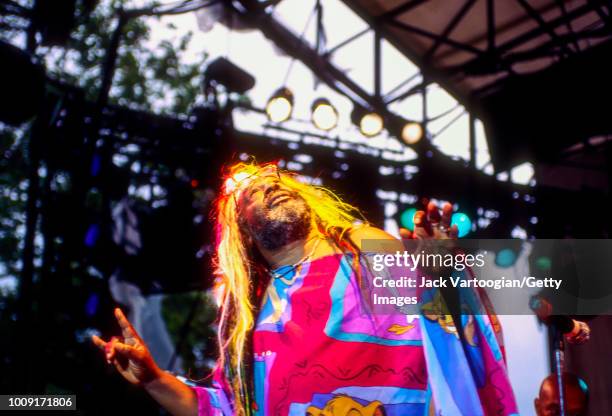 American Rock, Funk, and Soul musician and bandleader George Clinton leads his group Parliament-Funkadelic at a Fourth of July celebration at Central...