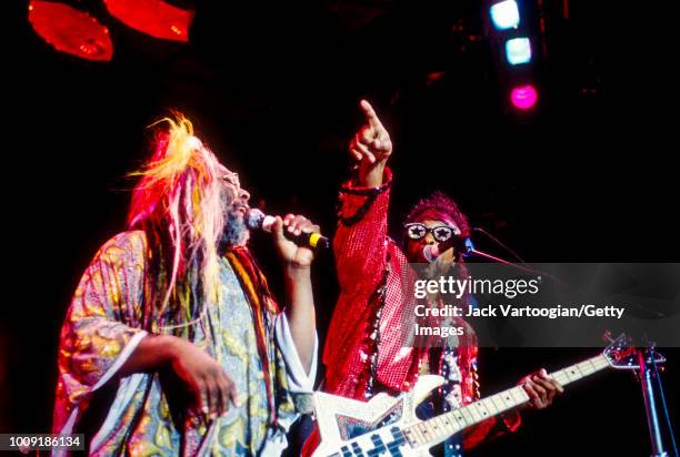 American Rock, Funk, and Soul musician and bandleader George Clinton , along with Bootsy Collins on electric bass, leads his group...