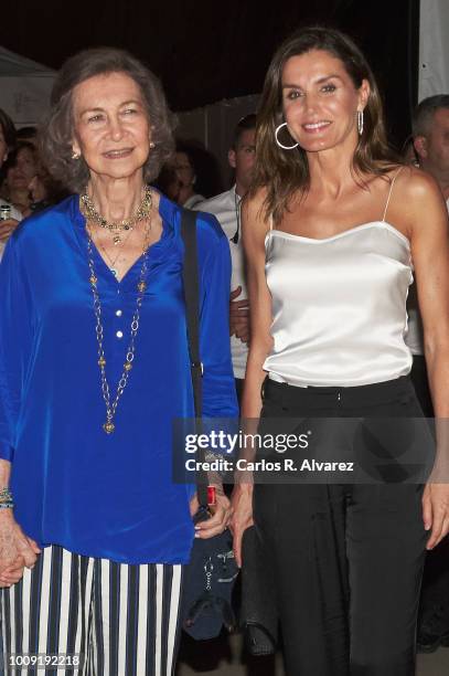 Queen Sofia and Queen Letizia of Spain attend Ara Malikian concert at Port Adriano on August 1, 2018 in Palma de Mallorca, Spain.