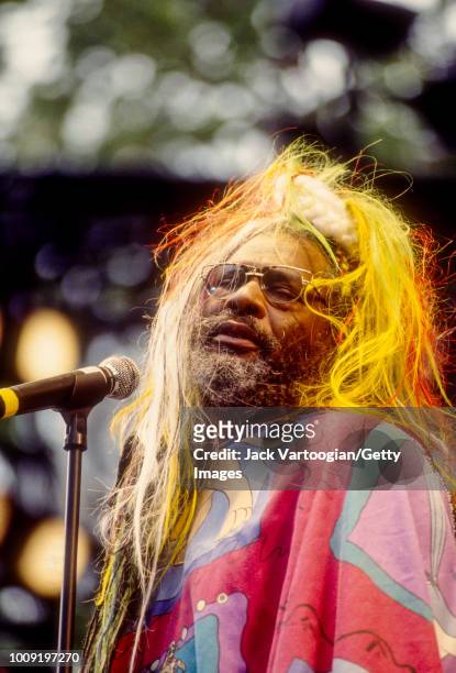 American Rock, Funk, and Soul musician and bandleader George Clinton leads his group Parliament-Funkadelic at a Fourth of July celebration at Central...