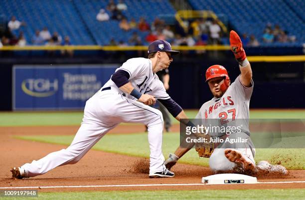 Matt Duffy of the Tampa Bay Rays tags Mike Trout of the Los Angeles Angels out on an attempted steal on August 1, 2018 at Tropicana Field in St...