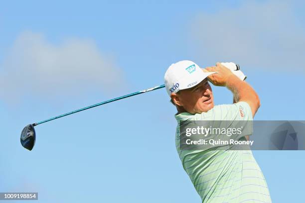 Ernie Els of South Africa tees off during Day One at the Fiji International Golf Tournament on August 2, 2018 in Natadola, Fiji.