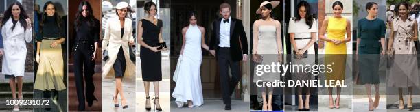 Combination of pictures created in London on July 30, 2018 shows a Britain's Meghan, Duchess of Sussex wearing outfits while attending events and...