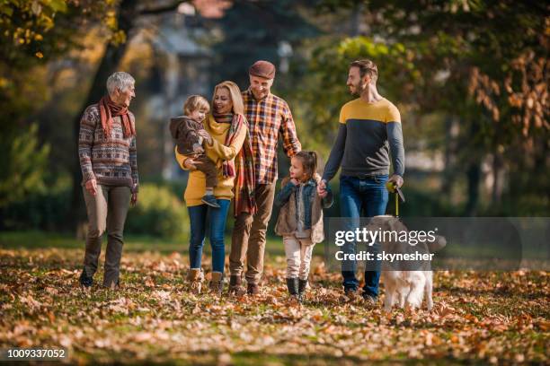 happy multi-generation family walking in autumn day with their dog at the park. - multi generation family walking stock pictures, royalty-free photos & images