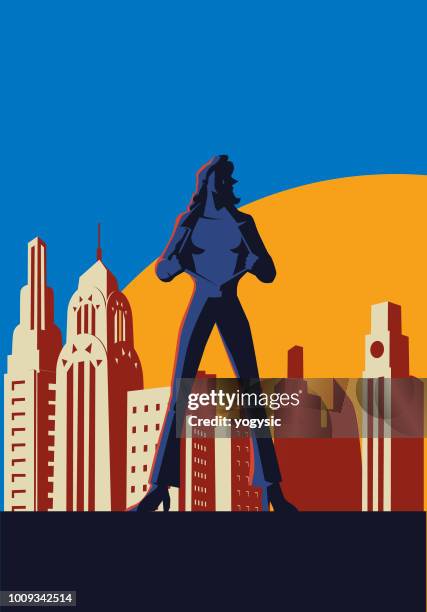 vector retro female superhero transformation silhouette poster - superhero chest stock illustrations