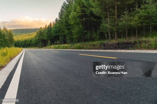 road going through forest at sunset - empty road forest stock pictures, royalty-free photos & images