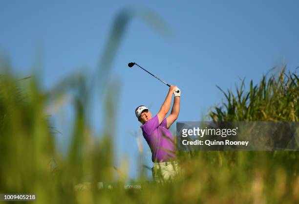 Marcus Fraser of Australia tees off during Day One at the Fiji International Golf Tournament on August 2, 2018 in Natadola, Fiji.