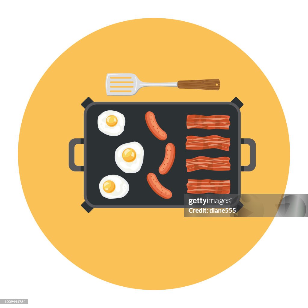 Lindo desayuno alimentos icono - plancha eléctrica con huevos tocino y chorizo de cocina