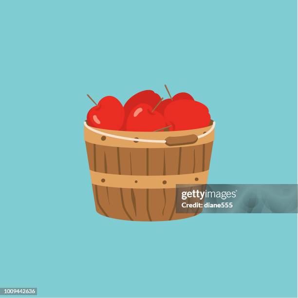 cute autumn icon - bushel basket of apples - basket stock illustrations