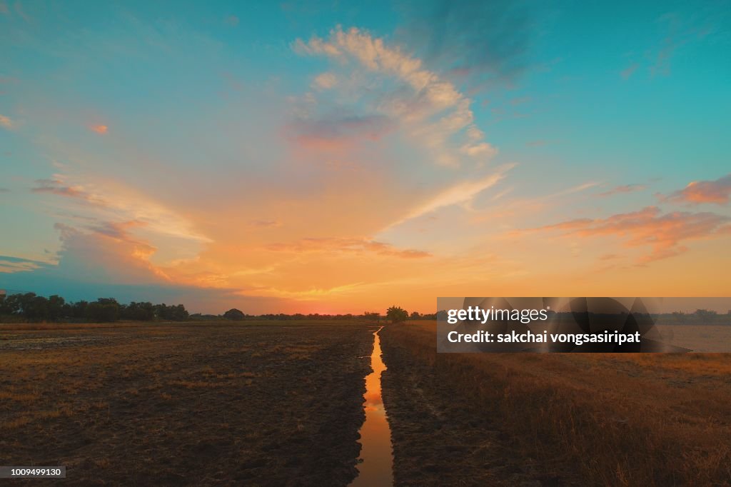 Scenic View of Farm Against Sky During Sunset, Thailand