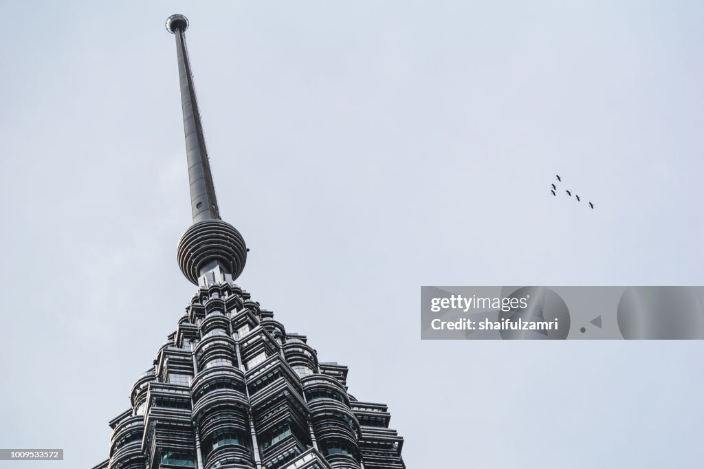 Flock of birds fly over Petronas Twin Towers