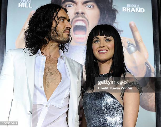 Actor/comedian Russell Brand and singer Katy Perry arrive at the premiere of Universal Pictures' "Get Him To The Greek" held at the Greek Theatre on...