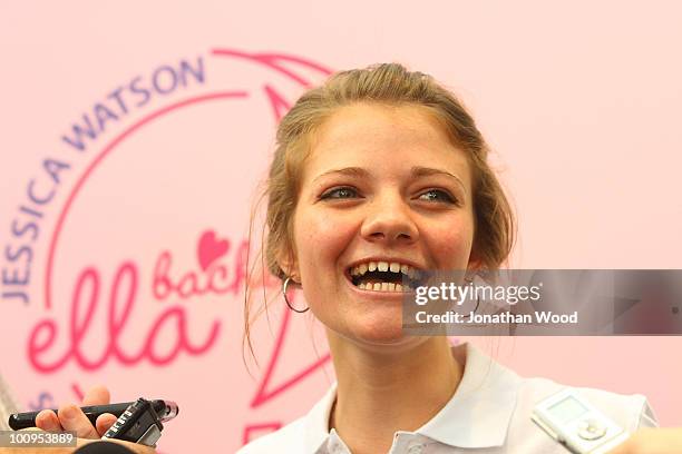 Round-the-world teen sailor Jessica Watson laughs while being interviewed by the media during a welcome home event at Queen Street Mall on May 26,...