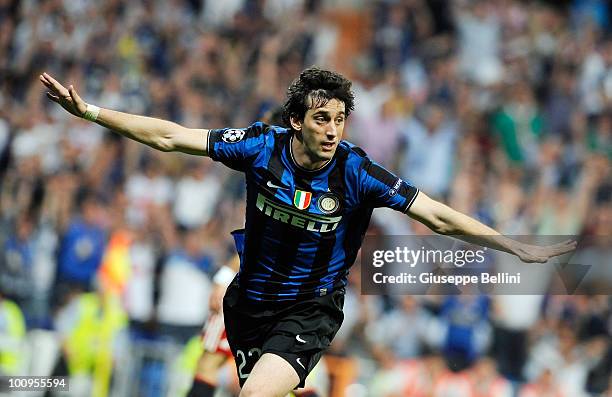 Diego Milito of Inter Milan celebrates after scoring second goal during the UEFA Champions League Final match between FC Bayern Muenchen and Inter...