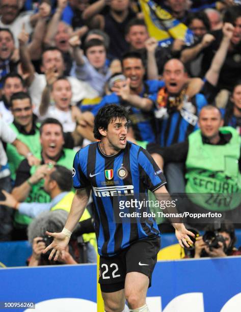 Diego Milito of Inter Milan celebrates after scoring the second of his two goals during the UEFA Champions League Final match between Bayern Munich...