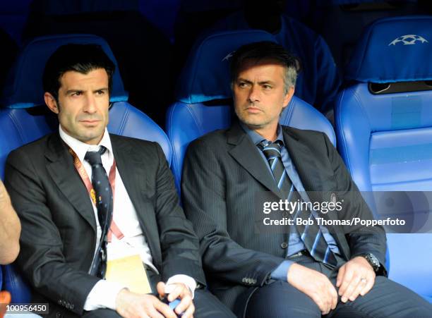 Inter Milan manager Jose Mourinho with Luis Figo prior to the start of the UEFA Champions League Final match between Bayern Munich and Inter Milan at...