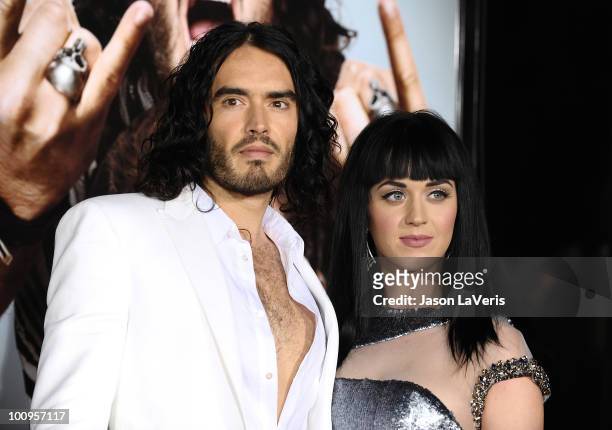 Actor Russell Brand and singer Katy Perry attend the premiere of "Get Him To The Greek" at The Greek Theatre on May 25, 2010 in Los Angeles,...