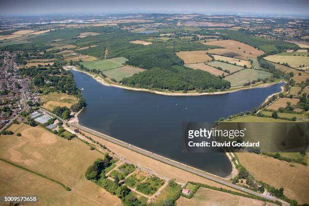 Aerial photograph of Thornton Reservoir during the UK's prolonged dry spell, on July 25th 2018. Photograph by David Goddard.