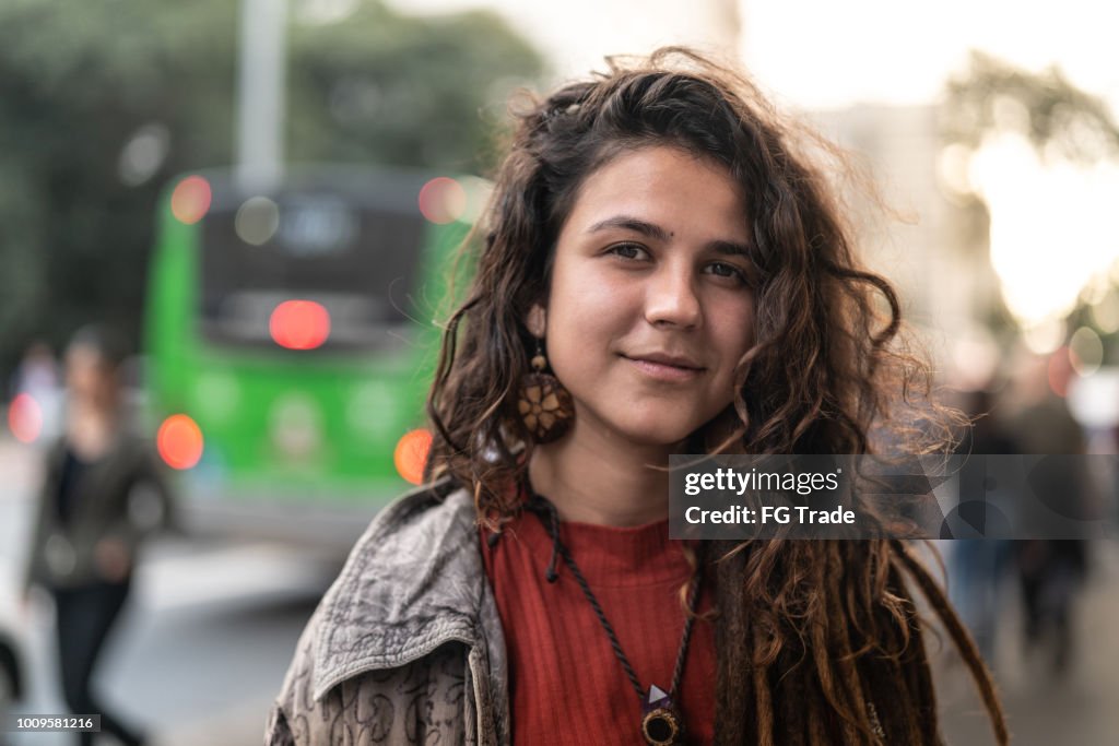 Hippie Young Woman Portrait in the City