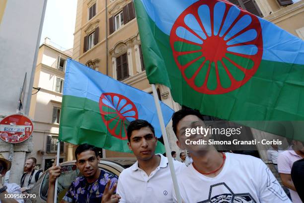 Sinti and Roma communities demonstrate in front of the Parliament to protest against intolerance and discrimination on August 02, 2018 in Rome,...