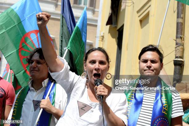 Serbian Roma actress and human rights activist Dijana Pavlovi demostrates with Sinti and Roma communities in front of the Parliament to protest...