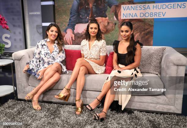 Maity Interiano, Nina Dobrev and Vanessa Hudgens are seen on the set of "Despierta America" at Univision Studios to promote the film "Dog Days" on...
