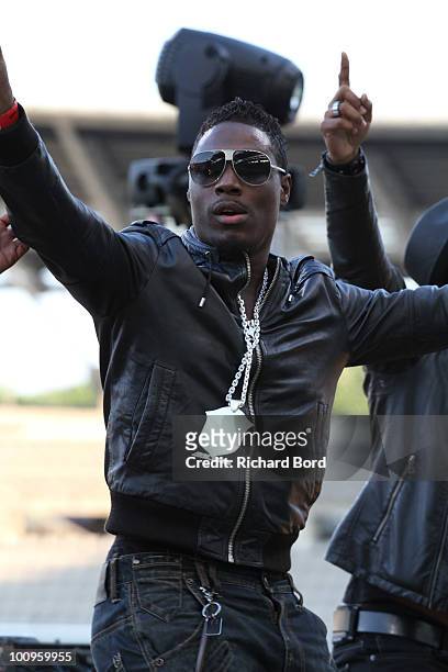 Singer Jessy Matador gives a show at the World Charity Soccer 2010 Charity Match for Haiti at Stade Charlety on May 19, 2010 in Paris, France.