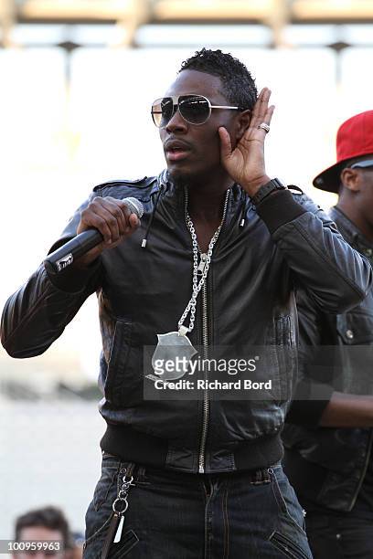 Singer Jessy Matador gives a show at the World Charity Soccer 2010 Charity Match for Haiti at Stade Charlety on May 19, 2010 in Paris, France.