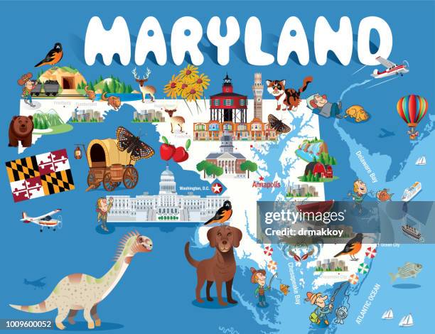 cartoon map of maryland - maryland flag stock illustrations