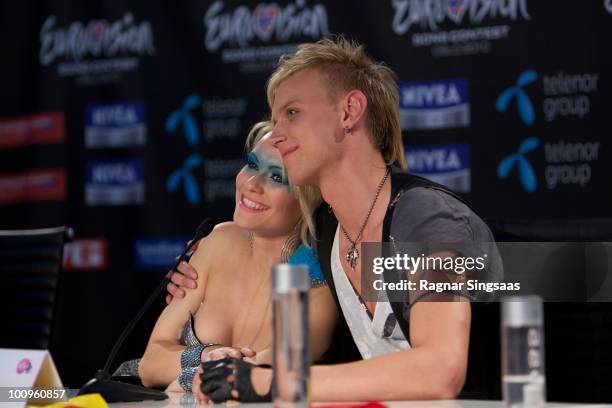 Sunstroke Project and Olia Tira of Moldova during a press conference after the first semi final at the Telenor Arena on May 25, 2010 in Oslo, Norway....