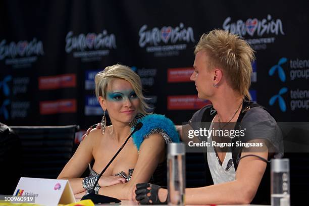 Sunstroke Project and Olia Tira of Moldova during a press conference after the first semi final at the Telenor Arena on May 25, 2010 in Oslo, Norway....