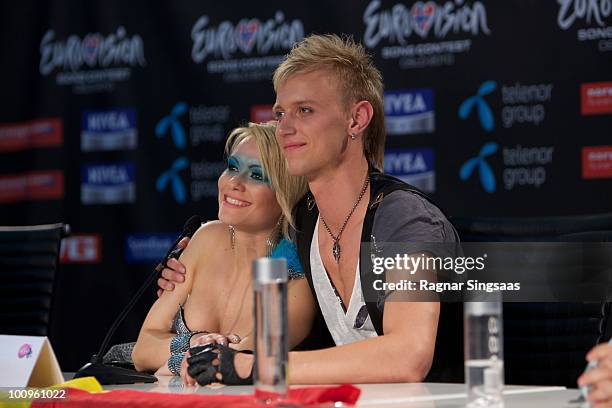 Sunstroke Project and Olia Tira of Moldova during a press conference after the first semi final at the Telenor Arena on May 25, 2010 in Oslo, Norway....