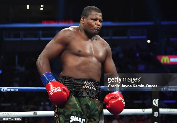 Luis Ortiz of Cuba in the ring after defeating Razvan Cojanu of Romania in their heavyweight fight at Staples Center on July 28, 2018 in Los Angeles,...