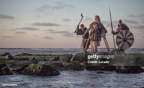 two sword wielding bloody medieval warriors together on a cold seashore - vikings stock pictures, royalty-free photos & images