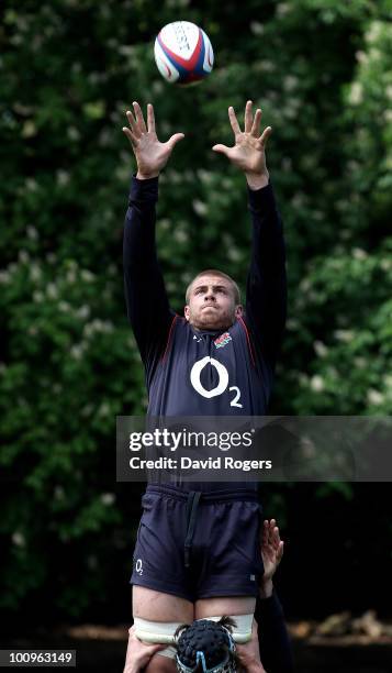 Dave Attwood catches the ball during the England training session at Pennyhill Park Hotel on May 26, 2010 in Bagshot, England.